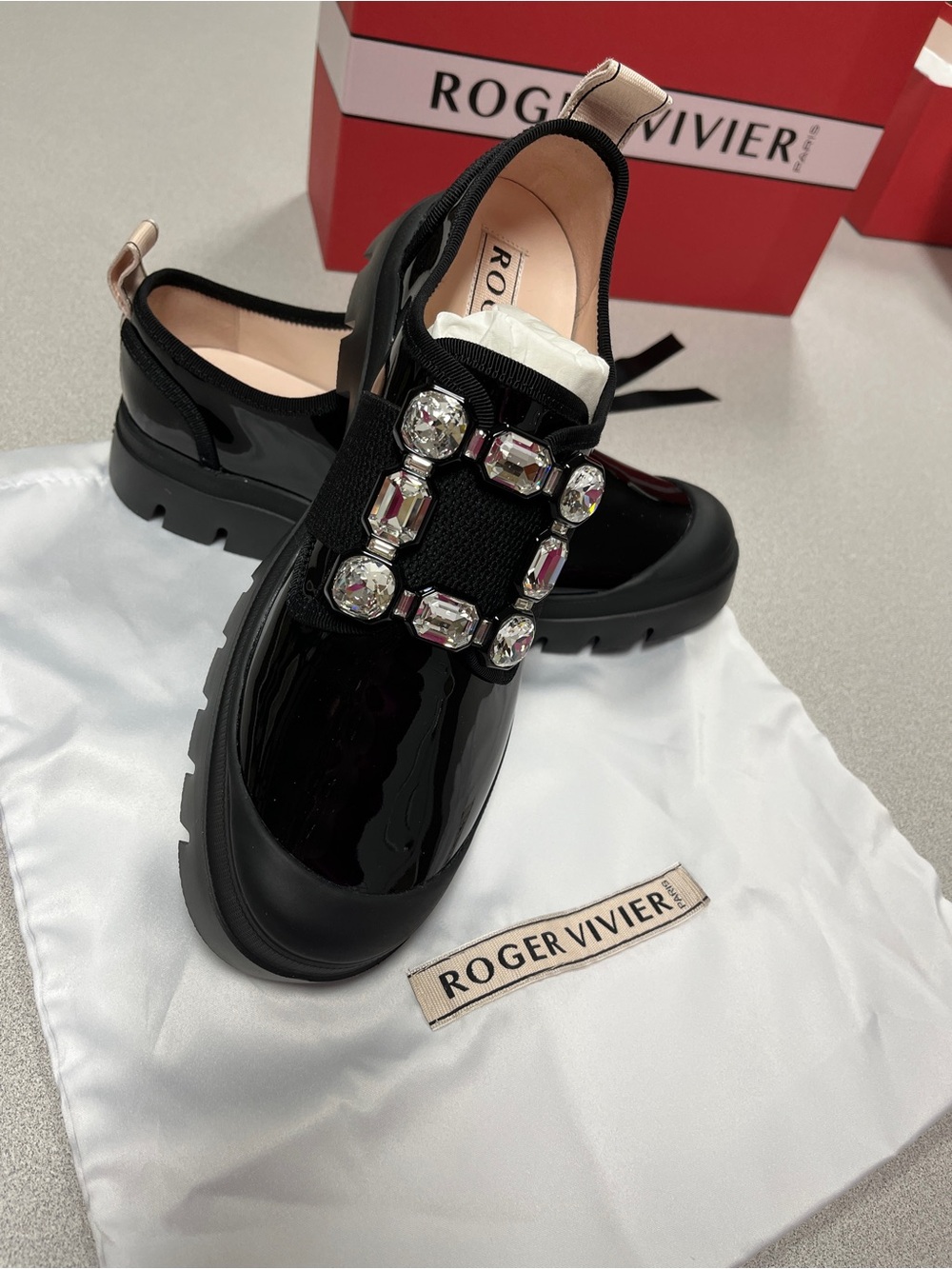 Roger Vivier Walkyviv Black Patent Crystal Buckle Slip-On Loafers - NEVER WORN